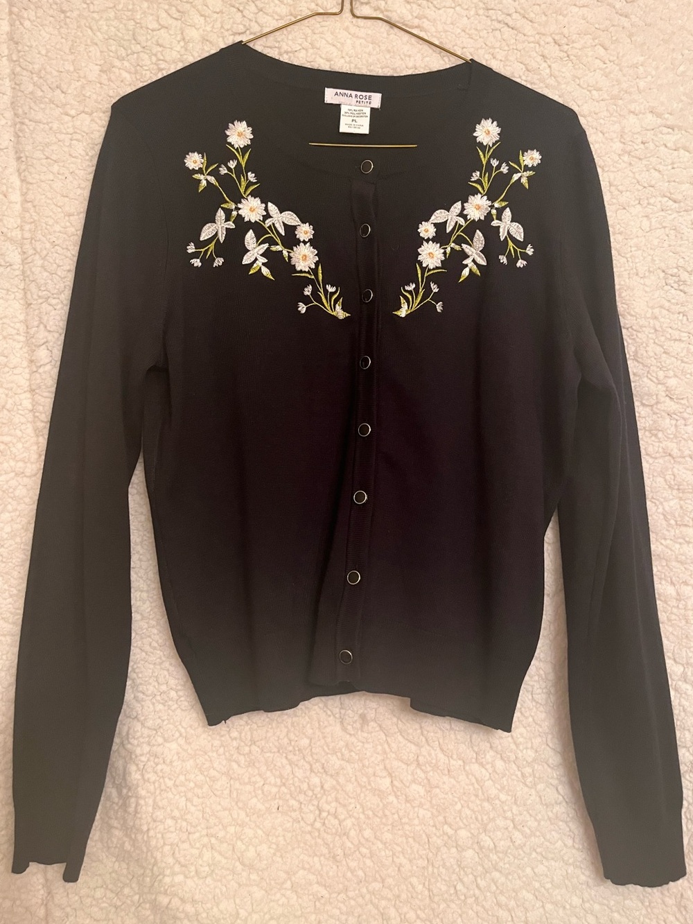 NWOT Anna Rose Black Cardigan with White & Green Floral Embroidery